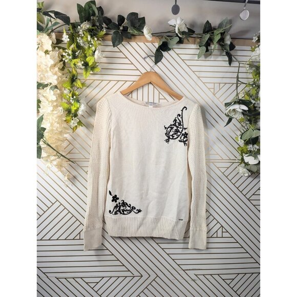 ST. JOHN Women's White Sweater Black Embroidery Knit Long Sleeve Size P STAINED - Picture 1 of 9